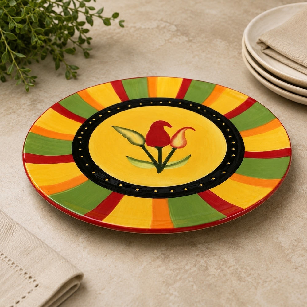 Vintage Hand Painted Ceramic Chili Pepper Plate 13" Southwest Sunburst VG